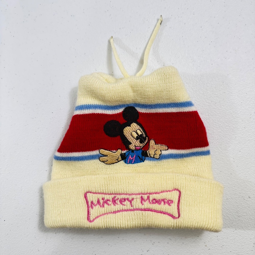 Disney Mickey Mouse Vintage Knit Beanie Hat Cream Red Blue Striped Embroidered‎